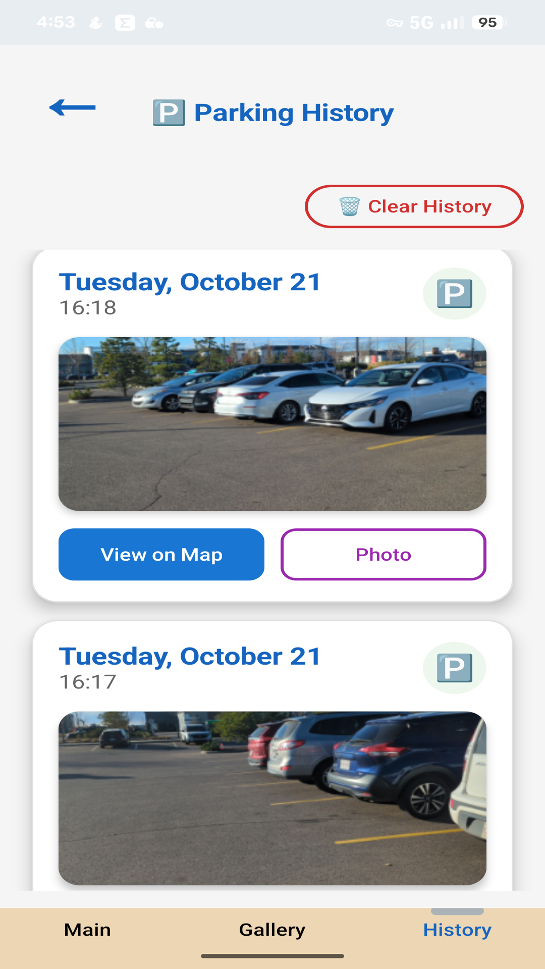 Parking history with all saved locations