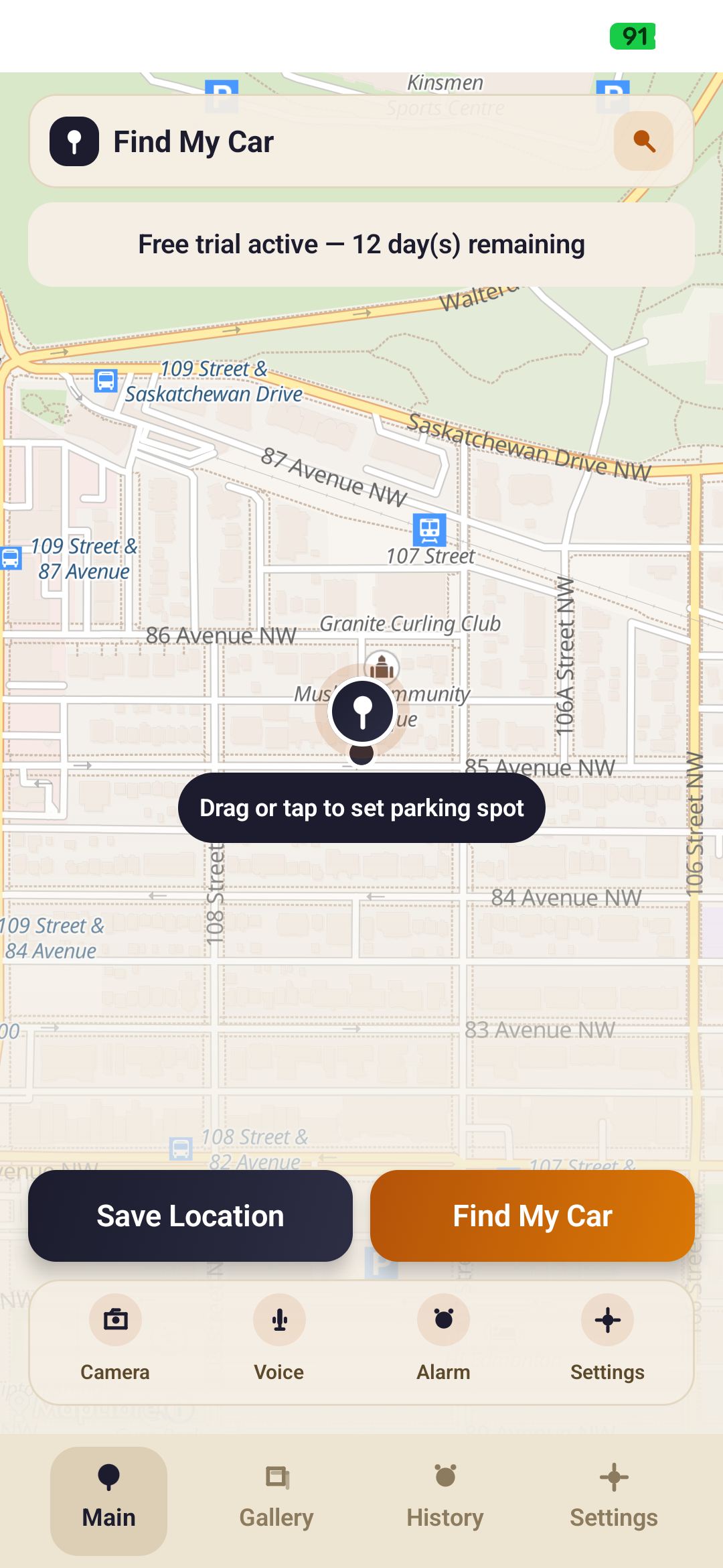 Find My Car app main screen