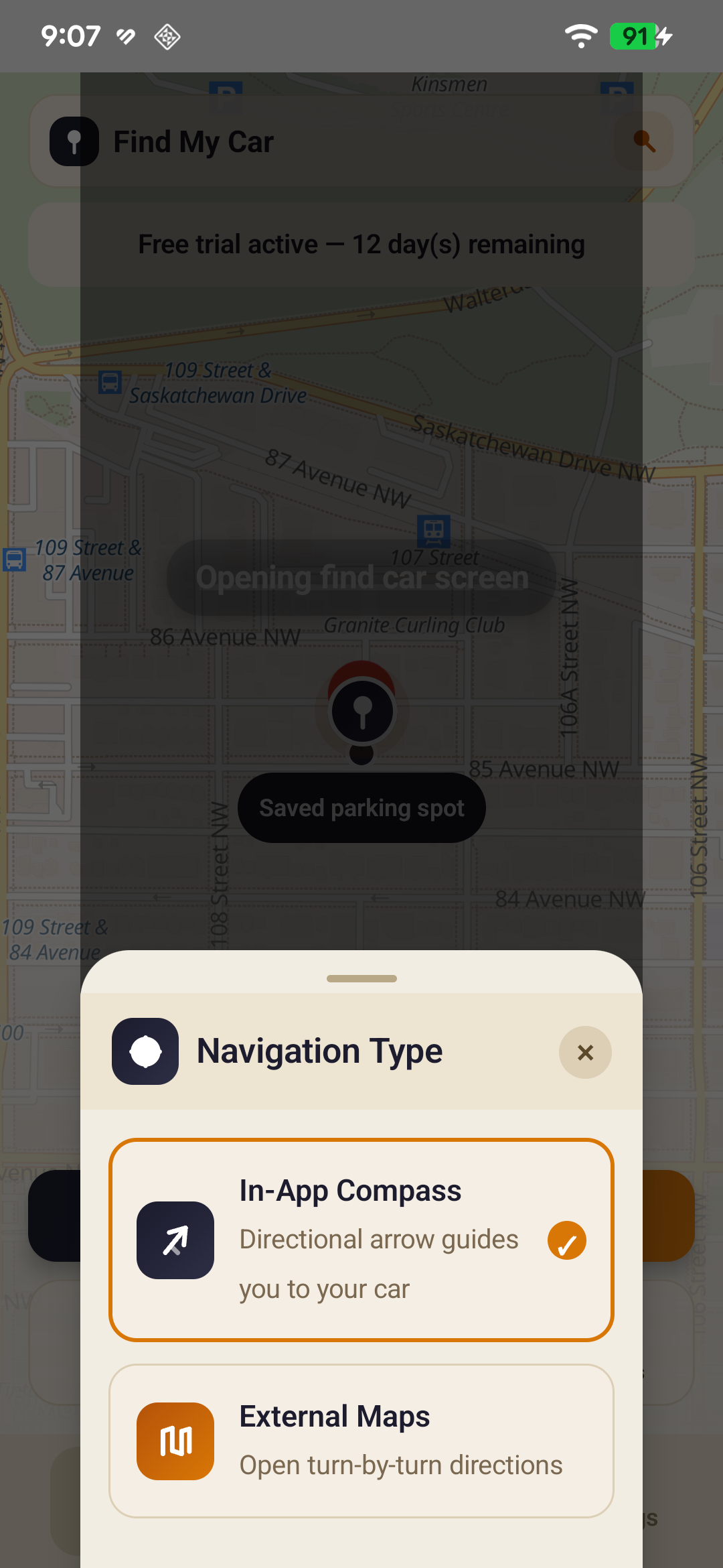 Navigation type selection screen