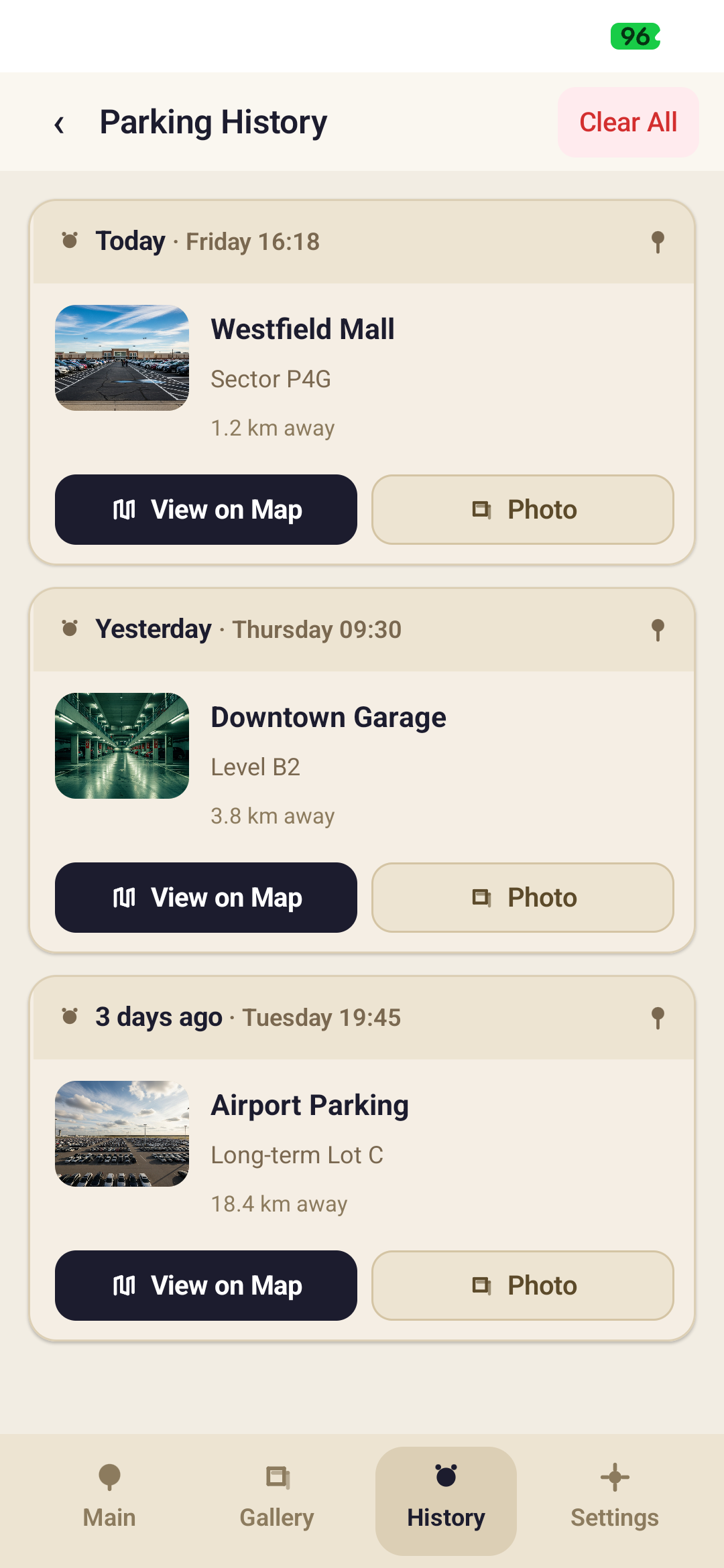 Parking history with saved locations