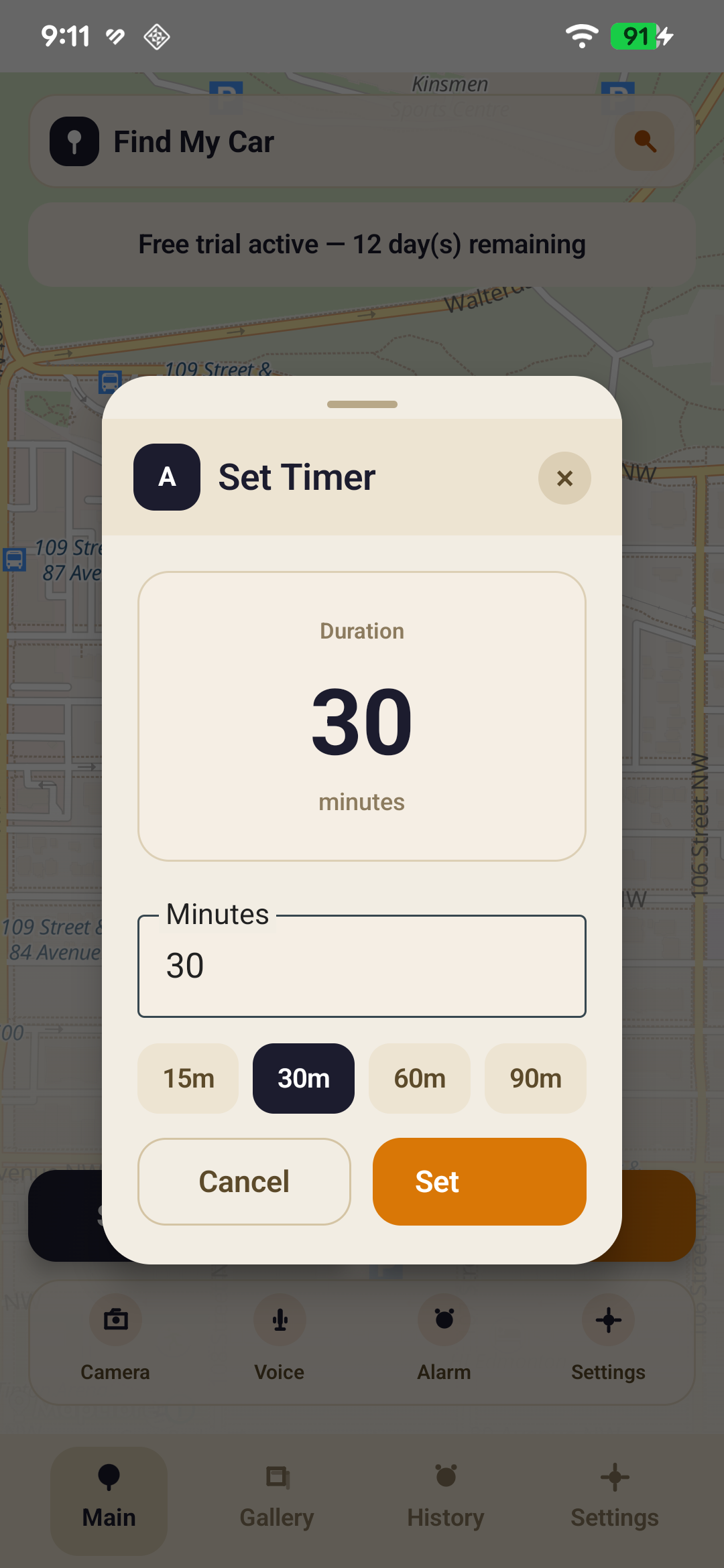 Parking timer screen